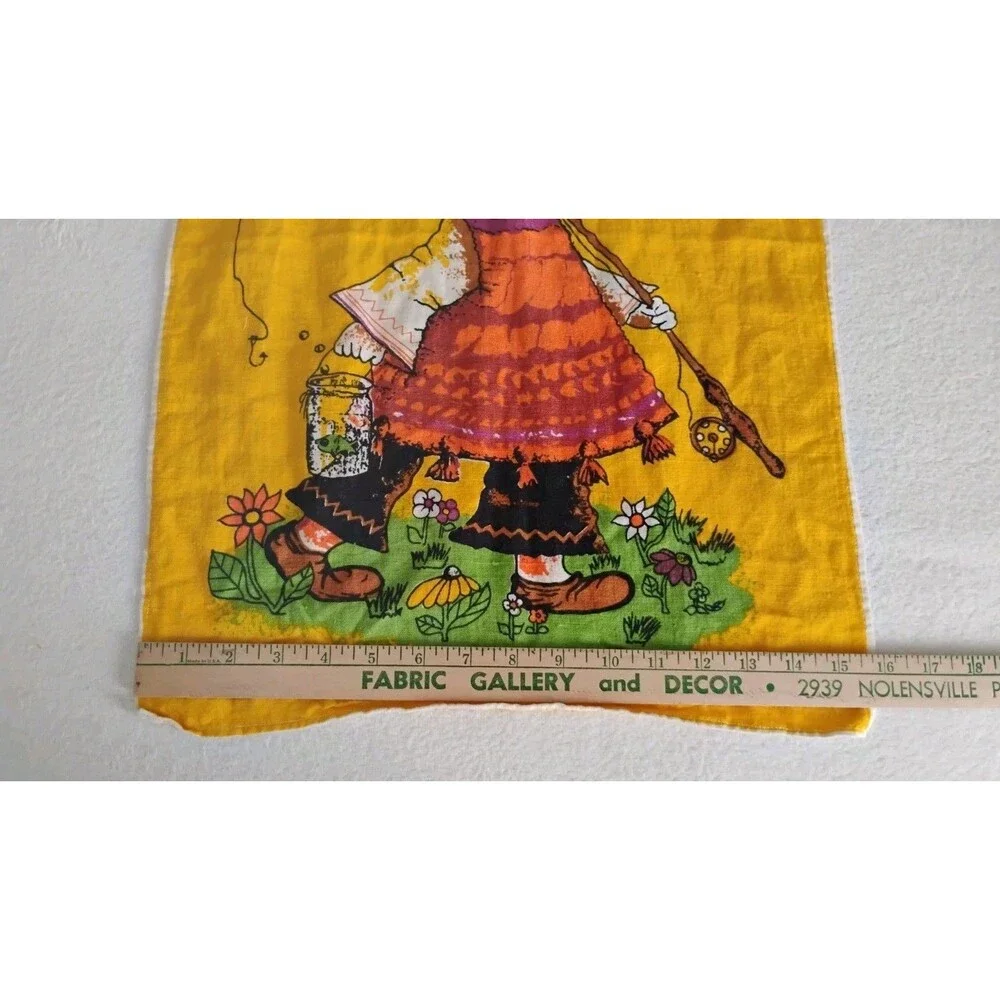 Vtg 70s Linen Tea Towel Boho Big Eyed Girl Going Fishing Yellow Orange Green